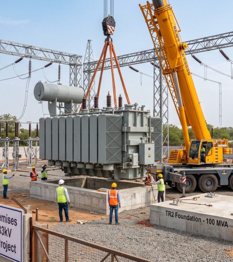 Erection of 220/33kV Substation at M/s. CPRI Premises - crane installing 100 MVA power transformer on TR2 foundation